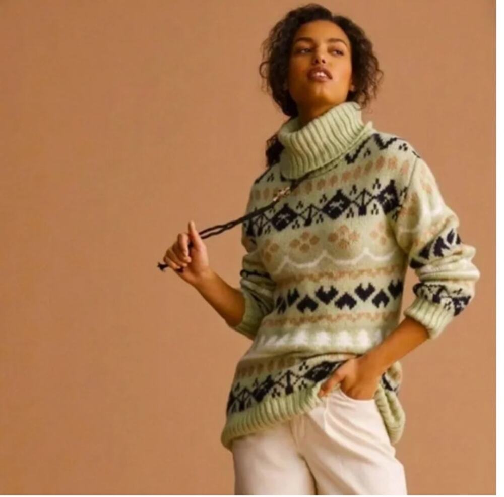 Anthropologie Fair Isle Chunky Turtleneck Tunic Sweater Womens Medium Mint Green